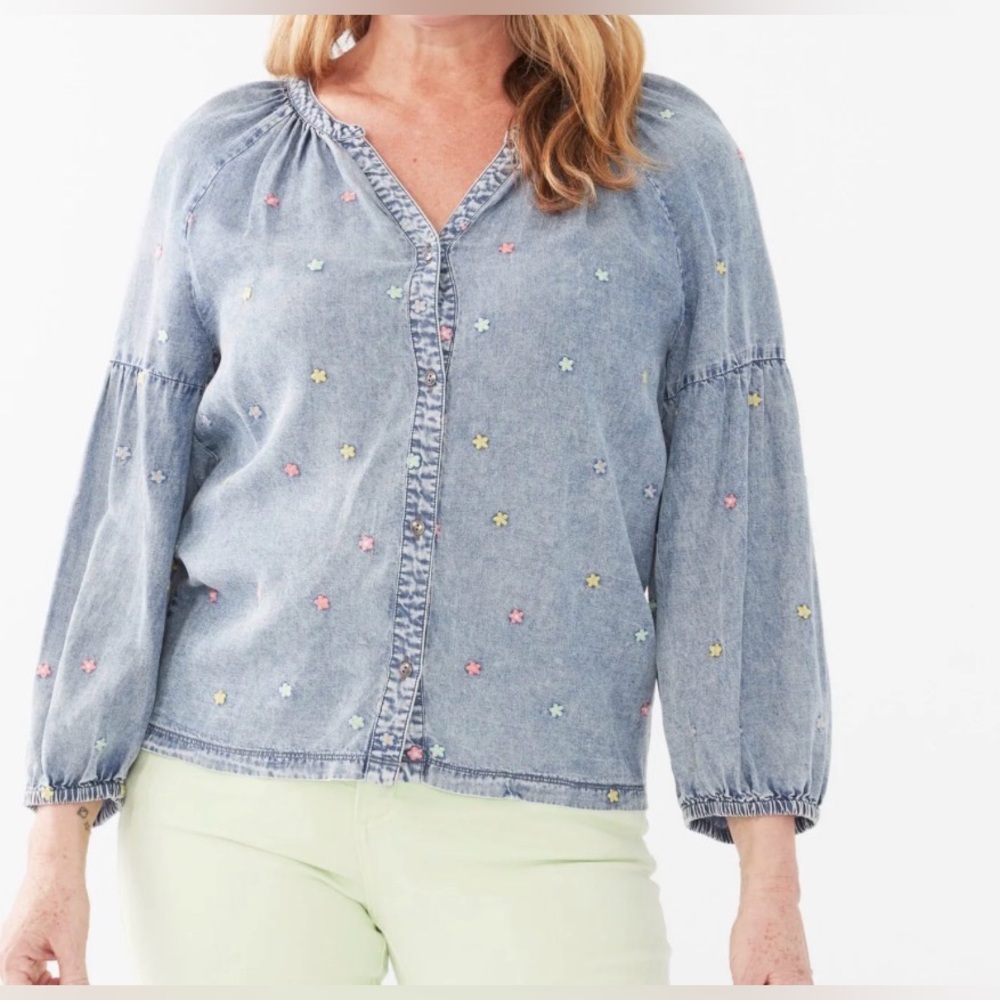 French Dressing Jeans Flower Embroidered Balloon Sleeve Denim Top - Picture 1 of 11